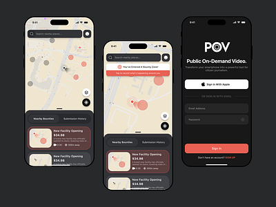 POV - Citizen Journalism App Design app app design dark mode design components figma interactive journalism map sign in ui uiux ux vibrant