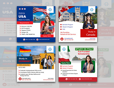 Study Abroad Social Media Post Design creative design design facebook post graphic design instagram post print product design social media post student visa study abroad study in canada study in germany study in italy study in usa template visa consuitanse visa consultancy