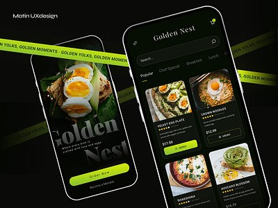 Golden Nest App: A Feast for Your Eyes and Appetite dailyui dailyuichallenge egg food foodapp menu product card restaurantapp