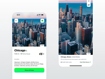 Social Location iOS App - Location Details View app area bookmark chicago details full screen gradient image ios location map minimal photo save simple time ui weather