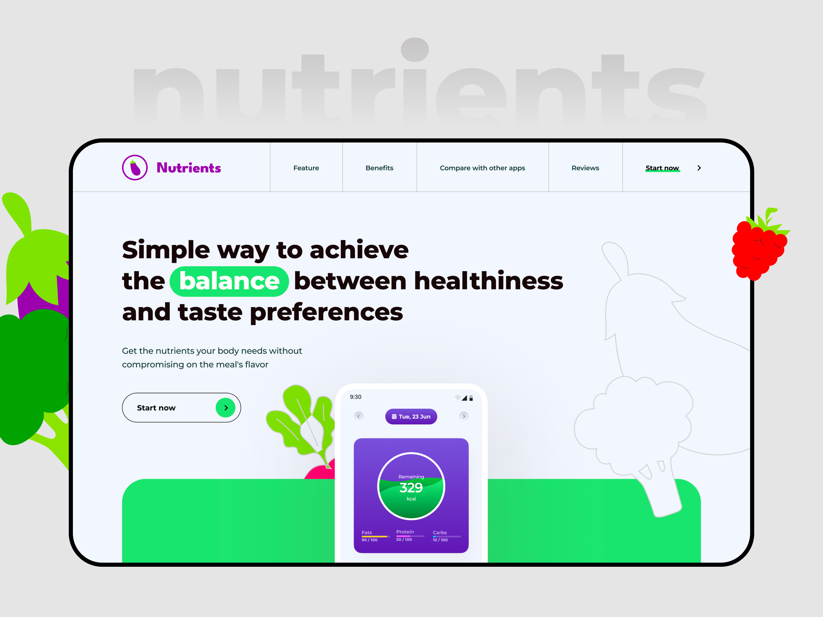 Example of Nutrients App — Landing Page and Application