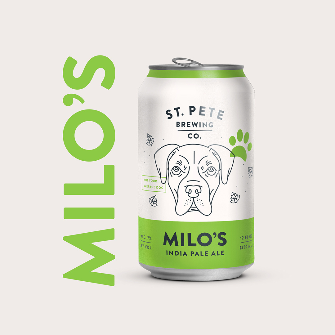 St. Pete Brewing Milo's India Pale Ale ale beer brand brand assets branding brewery design dog florida graphic design green illustration logo stpete vector