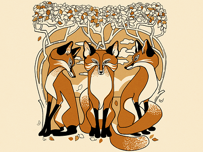 Three Foxes art nouveau autumn canine character fall leaves fox fox illustration foxes illustration ink leaves nature texture trees