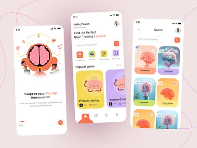 Brain training app Redesign 3d analysis app bain brain training brain training app clean contest game game app ios app design learning memory game mobile game purple search page study training uiux