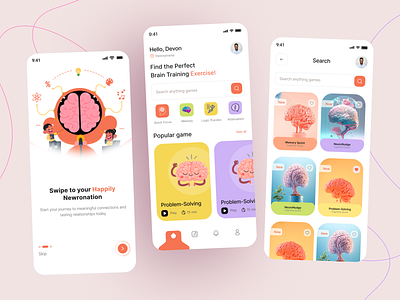 Brain training app Redesign 3d analysis app bain brain training brain training app clean contest game game app ios app design learning memory game mobile game purple search page study training uiux