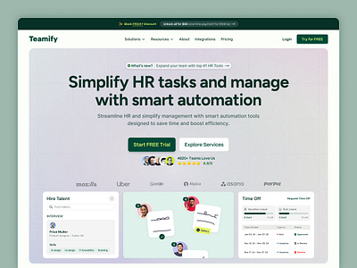 HR Management Website Design - Teamify (Hero) automation branding collaboration crm design hero hr hr manage hr tasks landing page management productive saas saas design section talent uiux web design website website design