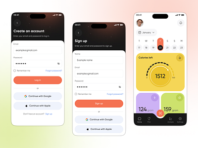 AI Based Food Calorie Tracker App activity ai ai assistant app design calorie diet fitness food calorie health ios log in minimal mobile onboarding sign up splashscreen tracking uiux weight lifting weight loss