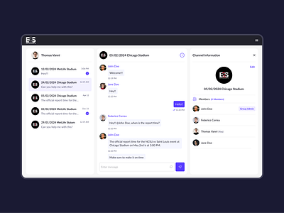 Eats2Seats Chat | Simplified communication for event teams app chat design desktop graphic design groups message messages purple staff ui ux web design whatsapp