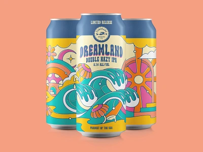 Dreamland Double Hazy IPA Beer Can Illustration beer can design beer label illustration california coronado brewing can design illustration nienowbrand ocean packaging design packaging design psychedelic waves design sunny beer can design waves design