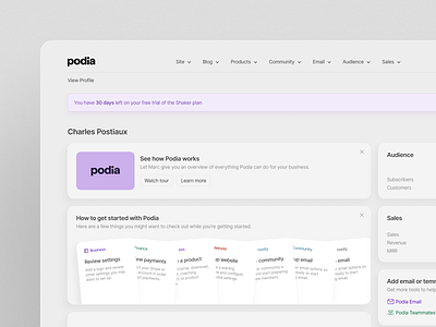 Podia Homepage - Concept Design branding card design cards clean concept design desktop homepage light theme minimal minimalist podia purple redesign saas saas design ui ux web app web app design