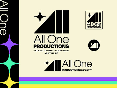 All One Productions Brand Identity asheville badge branding camera graphic design illustration lighting lights logo logo package media music festival music production logo north carolina pause play pro audio retro sound design star vintage