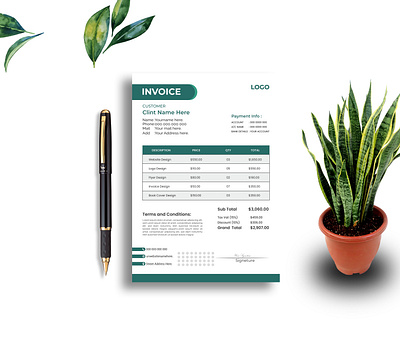 Clean Invoice Design balance due bill to clean design creative design date of issue due date green color invoice design invoice number invoice template mockup payment instructions payment terms service period signature terms and conditions total amount unit price