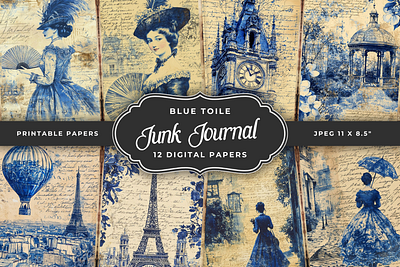 Blue Toile Junk Journal Papers blue toile junk journal pages junk journal papers paris scrapbooking vintage