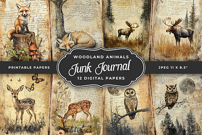 Woodland animals junk journal papers junk journal pages junk journal papers scrapbooking vintage woodland animals