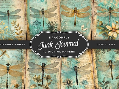 Dragonfly Junk Journal Papers digital papers dragonfly junk journal pages junk journal papers vintage