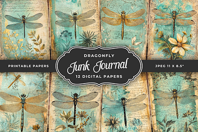 Dragonfly Junk Journal Papers digital papers dragonfly junk journal pages junk journal papers vintage