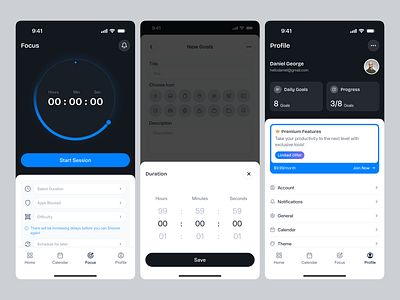 Productivity Mobile App UI/UX - Set Focus app design calendar app clean daily daily planner focus ios management mobile app planning product design productive productivity app profile reminder task task management timer to do list ui