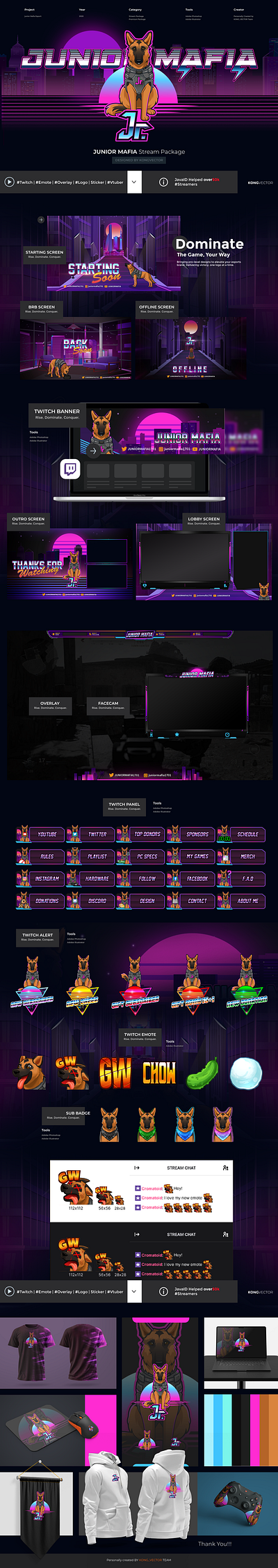 Retro Neon Junior Mafia Overlay design emote emotes esport style graphic design husky illustration mafia panels design twitch twitchemote twitchemotes