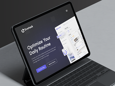 Evotask - Task Management Landing Page - Mockup above the fold clean design hero ipad landing page minimal mockup product manager project managem project timeline task task management ui ux website