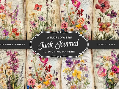 Wildflowers Junk Journal Papers digital papers junk journal pages junk journal papers scrapbooking vintage wildflowers