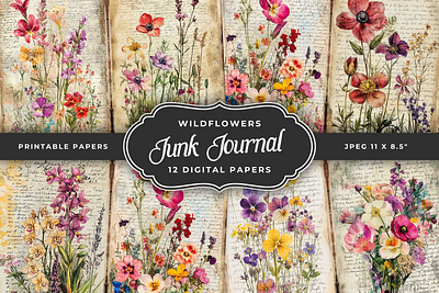 Wildflowers Junk Journal Papers digital papers junk journal pages junk journal papers scrapbooking vintage wildflowers