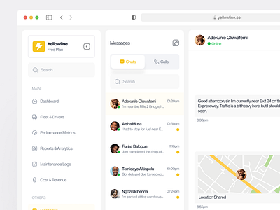 Chat screen - Real-Time Communication Interface chat chat interface delivery tracking driver updates eta requests fleet management location sharing logistics management messaging real time communication ui