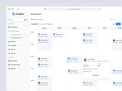 Appointment Calendar Weekly View Design appointment calendar appointment details booking system calendar view care dashboard design doctor doctor appointment doctor booking health health care patient ui design ux design webapp design