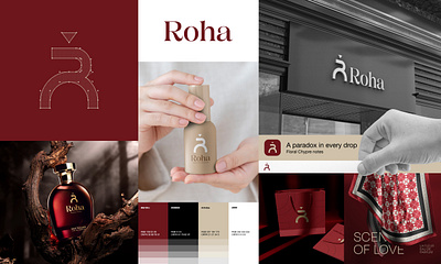 Roha Perfume Logo Branding beauty branding cologne cosmetics cream elegant letter r logo luxury perfume red maroon spray women style