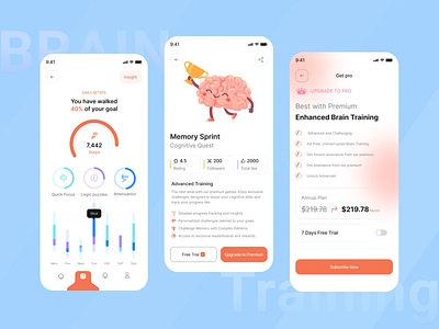 Brain Training App Redesign 3d analysis animation bain brain training brain training app clean contest game game app interface ios app design learning memory game mobile game purple search page study uiux