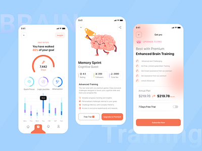 Brain Training App Redesign 3d analysis animation bain brain training brain training app clean contest game game app interface ios app design learning memory game mobile game purple search page study uiux