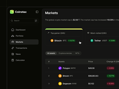 Coinstax: Markets - Dark Mode clean dashboard coinmarket coinstax crypto dashboard crypto markets crypto portfolio dark mode dark theme dashboard dark mode dashboard ui ui user interface web3 app web3 dashboard