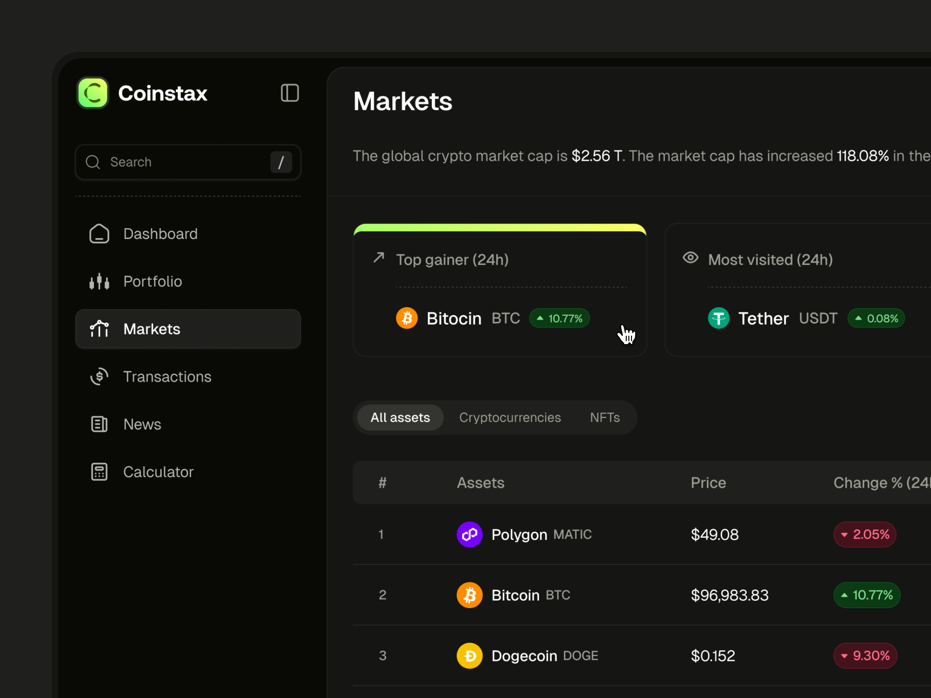 Coinstax: Markets - Dark Mode clean dashboard coinmarket coinstax crypto dashboard crypto markets crypto portfolio dark mode dark theme dashboard dark mode dashboard ui ui user interface web3 app web3 dashboard