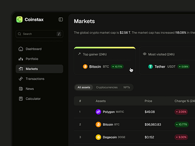 Coinstax: Markets - Dark Mode clean dashboard coinmarket coinstax crypto dashboard crypto markets crypto portfolio dark mode dark theme dashboard dark mode dashboard ui ui user interface web3 app web3 dashboard