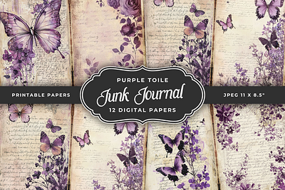 Purple toile junk journal papers digital papers junk journal pages junk journal papers purple toile scrapbooking vintage