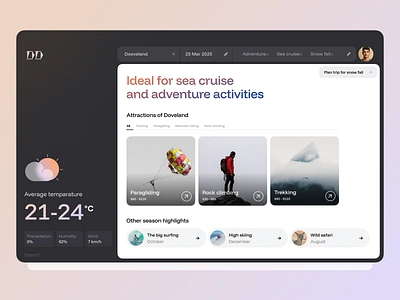 Dream Departure Web App app climate dark dashboard explore mobile modal planner popup travel weather web