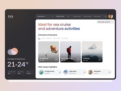 Dream Departure Web App app climate dark dashboard explore mobile modal planner popup travel weather web