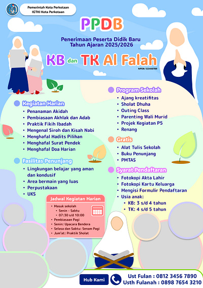 Poster PPDB KB dan TK blue design female girl graphic design hijab illustration ilustration indonesia kb kelompok bermain kids ppdb taman kanak kanak tk ui