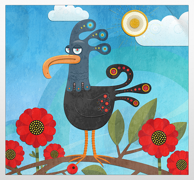 Wacky Bird adobe illustrator bird branch circles clouds flowers foil gold leaf red sun texture