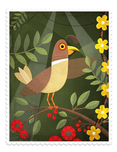 Bird in Forrest adobe illustrator berries bird branches brown feathers flowers forrest green illustration jungle leaf quail red texture vines yellow