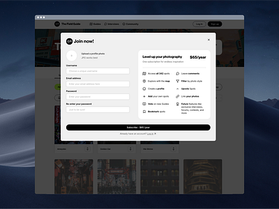 The signup modal for The Field Guide product design ui ux