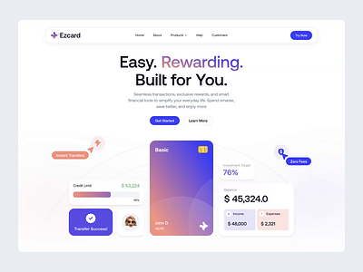 ezCard - Credit Card Hero Section animation b2b bank card clean debit finance financial fintech hero modern money payment saas section startup ui design uiux wealth web design