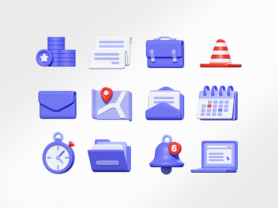 3D Business Icons Set 3d bell business calendar clipart clock coins cone documents envelope folder icons illustration laptop letter map money paper suitcase timer