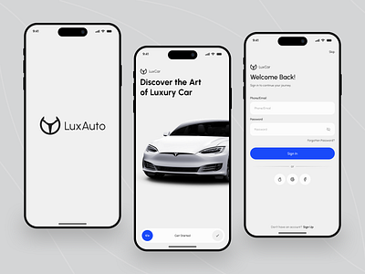 Luxury Car App – Onboarding & Login Pages app design app ui car car application car booking car booking app car buy car interface car service login pages luxury car luxury car buy mobile app luxurycarapp mobile app mobileui onboarding onboardingdesign signup pages uidesign uxdesign