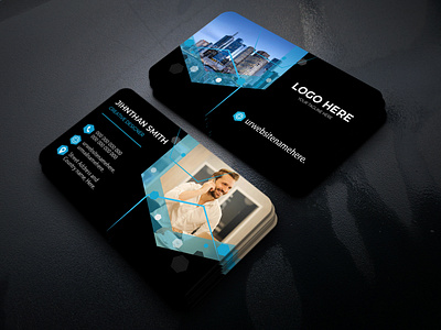 Corporate Business Card Design address (if applicable) black beackground blue color call us today company logo contact number contact us today creative follow us on image innovative logo name professional slogan or tagline social media handles trusted partner visit our website