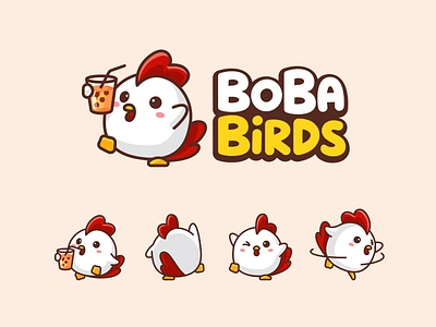 Cute Chicken Logo adorable boba tea brand branding bubble tea chicken cute drink fat food fun happy identity illustrative logo kawaii logo mascot logo playful restaurant tea