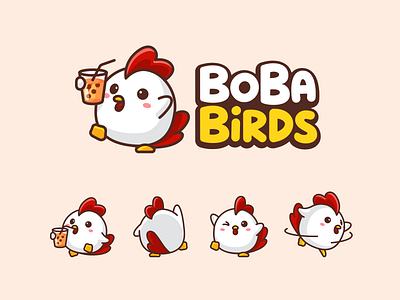 Cute Chicken Logo adorable boba tea brand branding bubble tea chicken cute drink fat food fun happy identity illustrative logo kawaii logo mascot logo playful restaurant tea