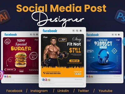 Social media post design. animationeffects bold typography breaking news customizable templates eye catching facebook add featured product food social high quality visuals instagram add interactive linkedin post modern look post design product social social media post viral workshop youtube thambnail