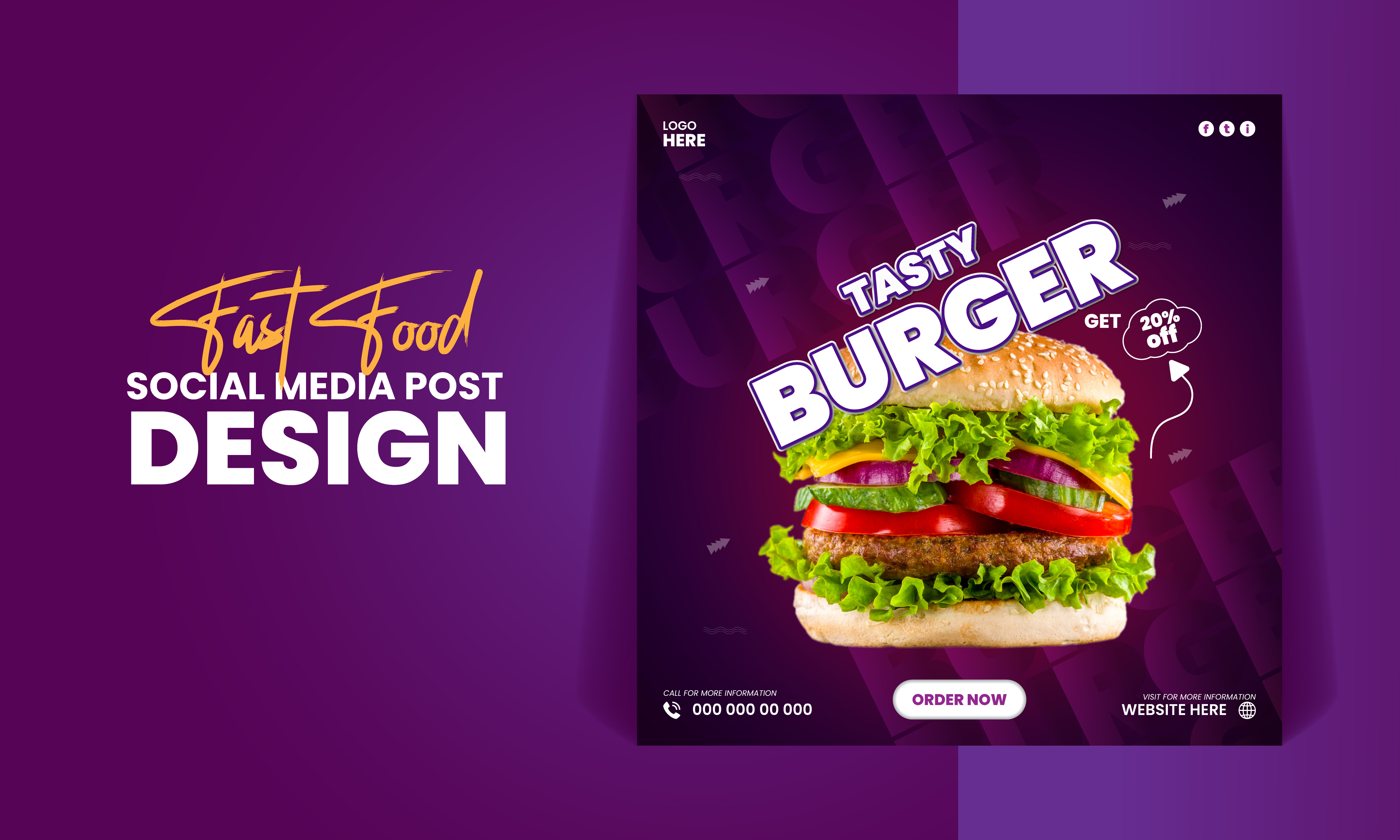 Tasty Burger Social Media Ad - Vibrant Purple Design ads advertisemnet banner brochure business corporate eatery facebook fast food fast food design flyer food design food menu instagram marketing menu design roll up social media design social media post
