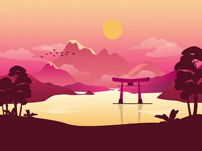 Japanese landscape graphic design illustration japanese landscape torii vector vector illustration