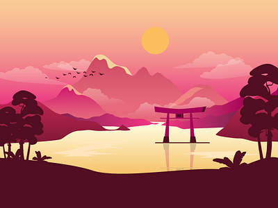 Japanese landscape graphic design illustration japanese landscape torii vector vector illustration